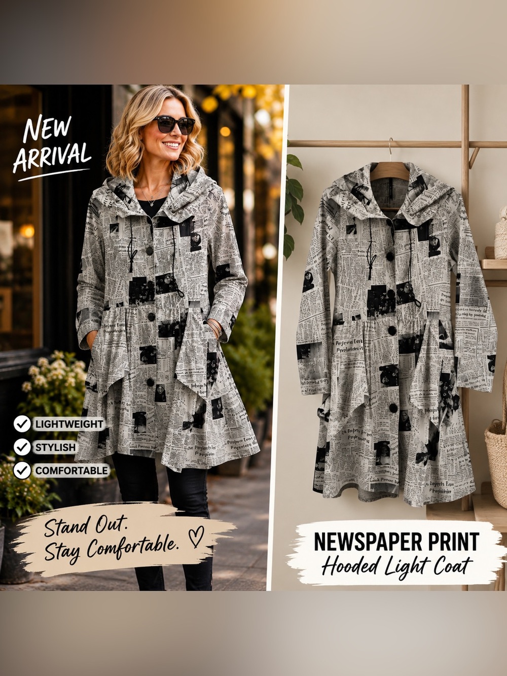 IC By Connie K Newspaper Print Hooded Light Coat